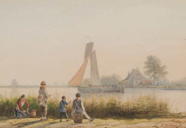 Koekkoek jr. H.  | Children fishing along a riverbank, watercolour on paper 22.0 x 32.0 cm, signed l.r.