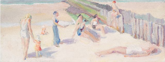Ewoud de Kat | Sunbathing on the beach, Zeeland, oil on canvas, 13.5 x 35.3 cm, niet ingelijst