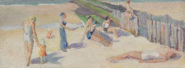 Ewoud de Kat | Sunbathing on the beach, Zeeland, oil on canvas, 13.5 x 35.3 cm
