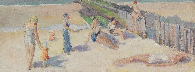 Ewoud de Kat | Sunbathing on the beach, Zeeland, oil on canvas, 13.5 x 35.3 cm, niet ingelijst