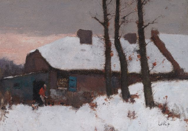 Leendert van der Vlist | Feeding chickens in the snow, oil on canvas, 24.8 x 34.6 cm, signed l.r.