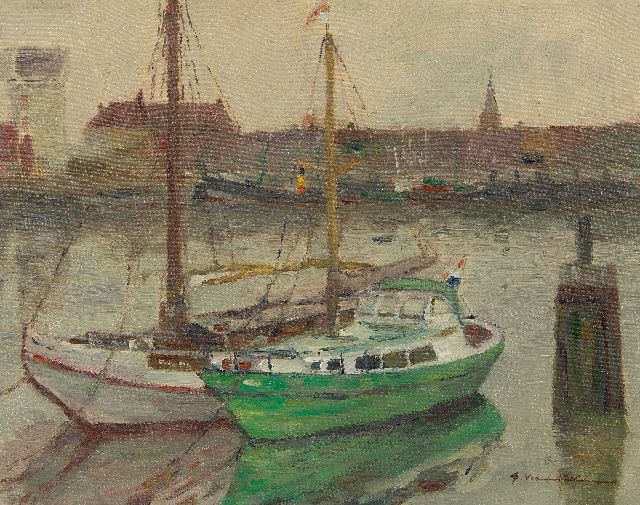 Hambüchen G.  | Sailboats in a Belgian harbor, oil on canvas 40.1 x 50.2 cm, signed l.r. and without frame