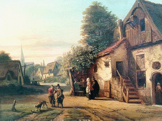 Carpentero H.J.G.  | Travellers by an inn, oil on panel 25.4 x 34.8 cm, signed l.r.