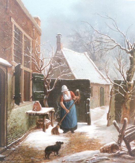 Carel Lodewijk Hansen | Het aanvegen van het besneeuwde erf, oil on panel, 37.8 x 31.2 cm, gesigneerd r.o.