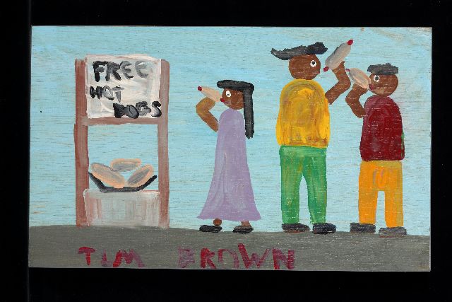 Tim Brown | Free hotdogs, acrylic on panel, 27.0 x 44.0 cm, signed l.c.