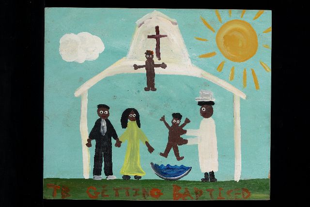 Tim Brown | Getting baptised, acrylic on panel, 40.0 x 48.0 cm, signed l.l. with initials