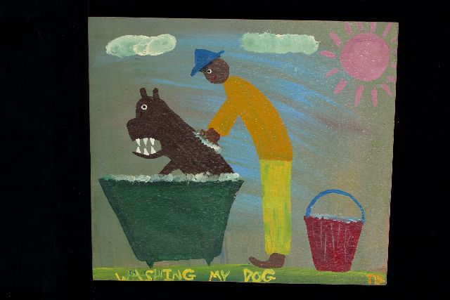 Tim Brown | Washing my dog, acrylic on panel, 47.0 x 55.0 cm, signed l.r. with initials