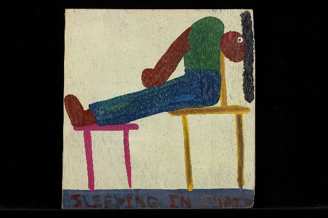 Tim Brown | Sleeping in chair, acrylic on panel, 38.0 x 37.0 cm