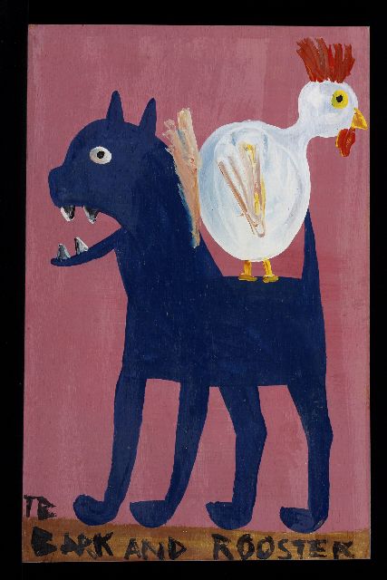 Tim Brown | Bark and Rooster, acrylic on panel, 56.0 x 36.0 cm, signed l.l. with initials