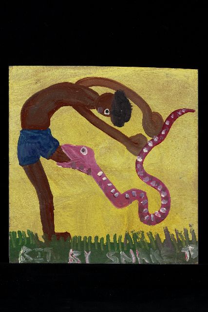 Tim Brown | Bit by snake, acrylic on panel, 36.0 x 35.0 cm, signed l.r. with initials