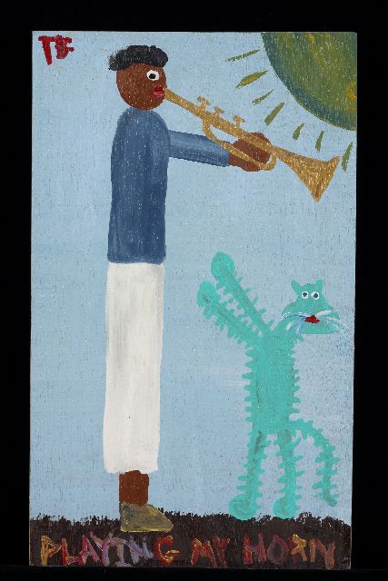 Tim Brown | Playing my horn, acrylic on panel, 44.0 x 27.0 cm, signed u.l. with initials