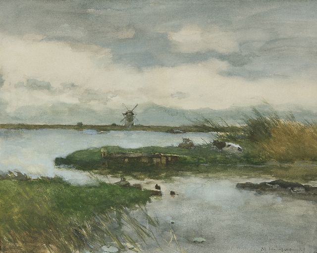 Weissenbruch H.J.  | Cows resting at the Nieuwkoopse Plassen, watercolour and gouache on paper 47.2 x 59.2 cm, signed l.r.