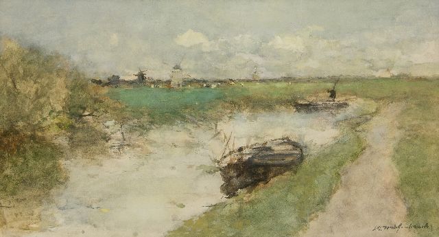 Weissenbruch H.J.  | A polder landscape, watercolour on paper 30.0 x 54.6 cm, signed l.r.