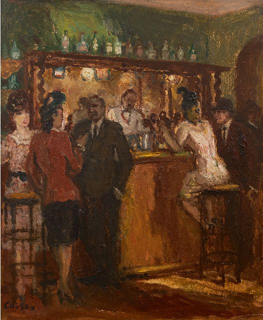 Cosson J.L.M.  | Bar scene, oil on board 46.0 x 38.0 cm, signed l.l.