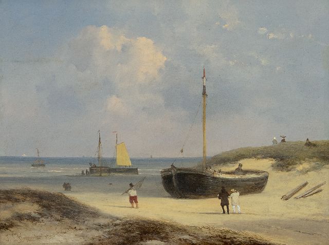 Hoppenbrouwers J.F.  | Elegant figures, fishermen and fishing boats on the beach at Scheveningen, oil on panel 22.4 x 29.0 cm, signed l.l.