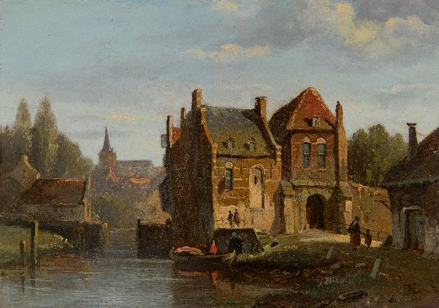 Adrianus Eversen | Sunny town view with a city gate, oil on panel, 13.1 x 18.0 cm, signed l.r. with monogram