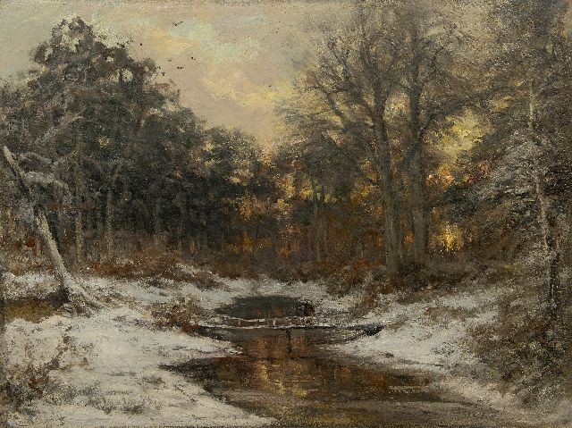 Louis Apol | Snowy forest at sunset, oil on canvas, 71.0 x 92.6 cm, signed l.l.
