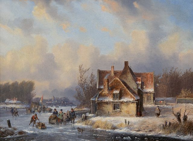 Carl Eduard Ahrendts | Winter landscape with many figures on a frozen river, oil on canvas, 39.4 x 52.5 cm, signed l.l.
