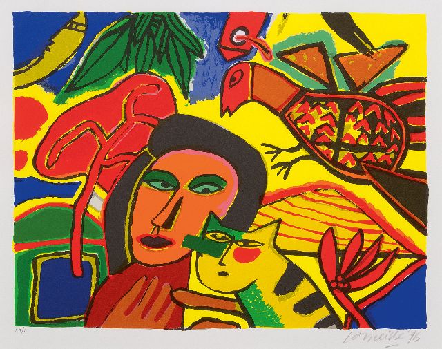 Corneille | Composition with woman, bird and cat, lithograph on paper, 37.5 x 46.0 cm, signed l.r. (in pencil) and dated '96 (in pencil)