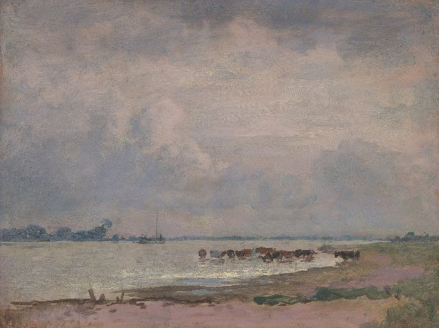 Jan Voerman sr. | View of the river IJssel with watering cows, oil on panel, 31.4 x 41.2 cm, signed with stamp on the reverse