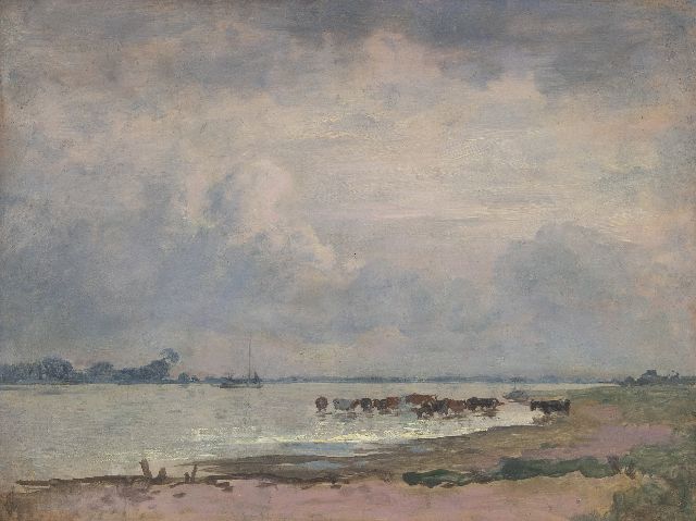 Voerman sr. J.  | View of the river IJssel with watering cows, oil on panel 31.4 x 41.2 cm, signed with stamp on the reverse