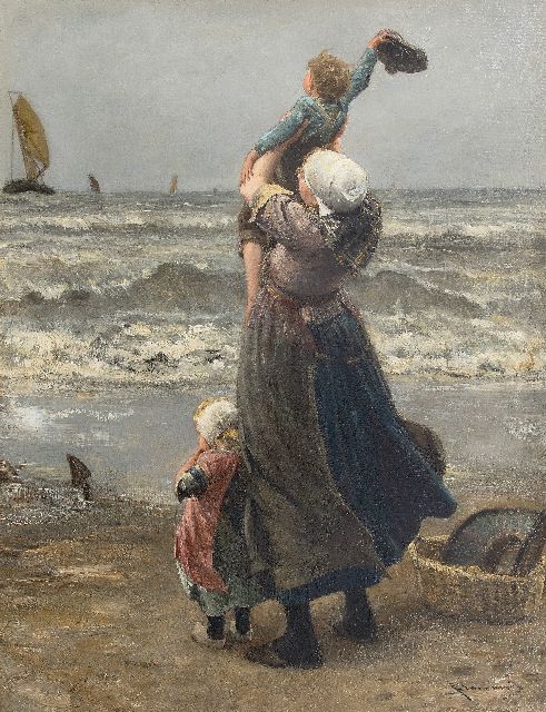 Blommers B.J.  | Waving father goodbye, oil on canvas 76.0 x 58.2 cm, signed l.r.