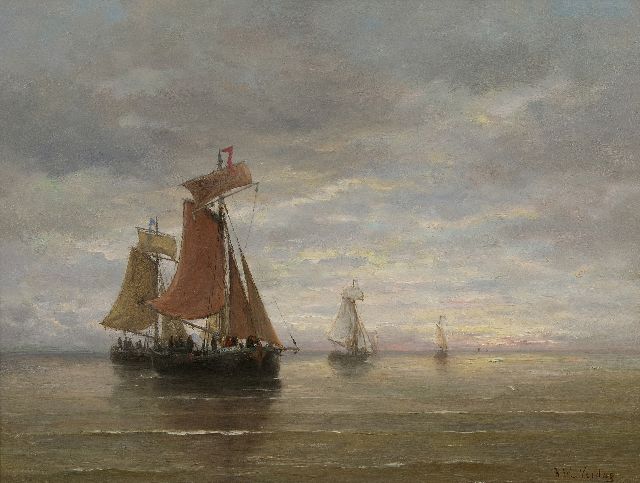 Hendrik Willem Mesdag | Fishing ships in a calm, oil on panel, 39.5 x 51.0 cm, signed l.r.