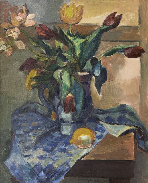 Wiegman M.J.M.  | A still life with tulips and a lemon, oil on canvas 61.4 x 50.1 cm, signed l.c.