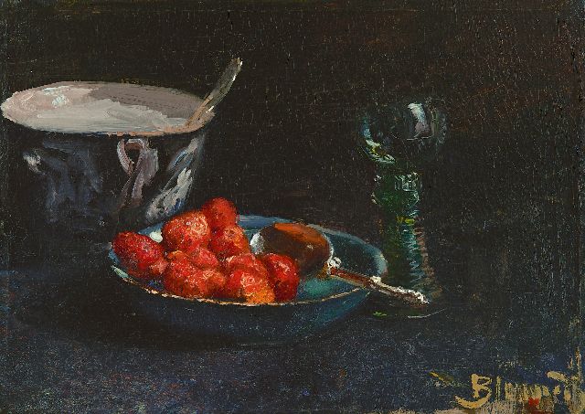 Bernard Blommers | Strawberries with whipped cream and a Rhine wine glass, oil on canvas, 28.8 x 40.0 cm, signed l.r. and painted ca. 1880