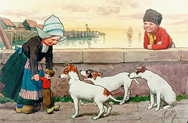 Karl Feiertag | Children on a quay, Volendam, watercolour on paper, 17.5 x 27.6 cm, signed l.r.