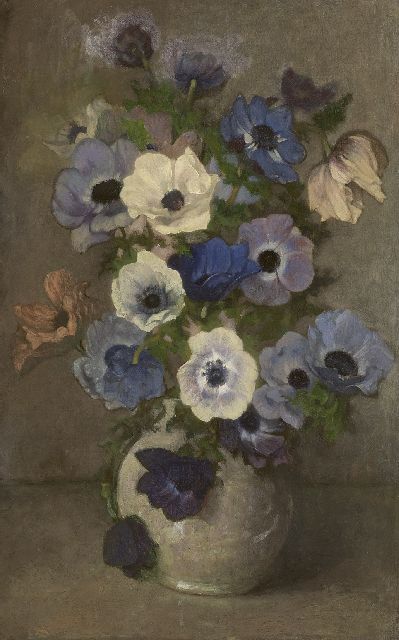 Wandscheer M.W.  | Anemones in a white vase, oil on canvas laid down on board 60.7 x 41.0 cm, signed l.r. with initials