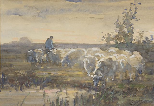 Willem Steelink jr. | A shepherd with his sheep, watercolour on paper, 28.0 x 41.0 cm, signed l.r.