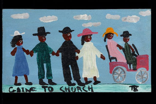 Tim Brown | Going to church, acrylic on panel, 23.0 x 41.0 cm, signed l.r. with initials