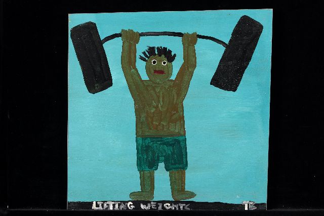Tim Brown | Lifting weights, acrylic on panel, 42.0 x 43.0 cm, signed l.r. with initials