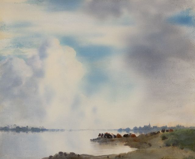 Jan Voerman sr. | A view of the river IJssel with Hattem in the distance, oil on panel, 42.4 x 52.0 cm, signed l.r.