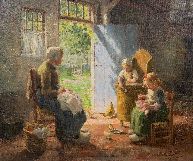 Pieters E.  | Sunny interior with mother and children, Laren, oil on canvas 68.1 x 81.2 cm, signed l.r.