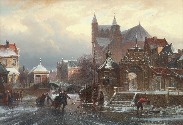 Elias Pieter van Bommel | Skating fun on a frozen canal in a town, oil on panel, 36.7 x 54.4 cm, signed l.r. and dated '72
