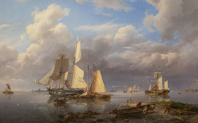 Koekkoek H.  | Ships anchored off the coast in calm weather, oil on canvas 102.5 x 160.0 cm, signed l.r. and dated 1841