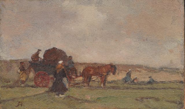 Johannes Evert Akkeringa | The repairing of the fishing nets behind the dunes, oil on panel, 7.5 x 12.4 cm, signed l.l. with Initial