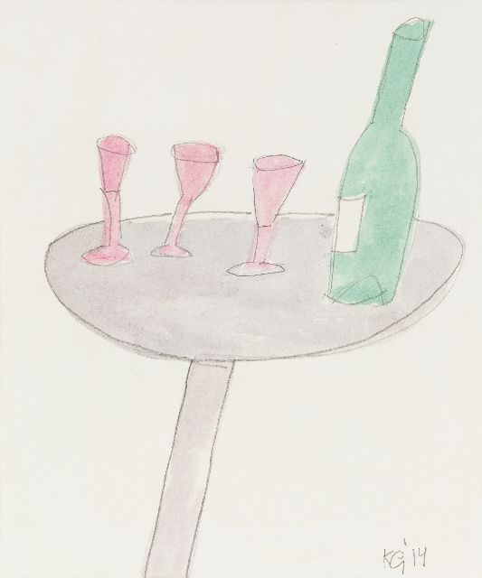 Gubbels K.  | Glasses and bottle on a table, pencil and watercolour on paper 24.0 x 20.0 cm, signed l.r. and dated 2014