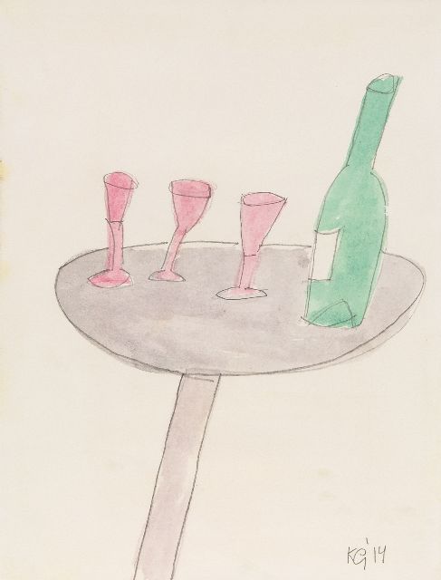 Klaas Gubbels | Glasses and a bottle on a table, pencil and watercolour on paper, 26.5 x 21.0 cm, signed l.r. with initials and dated '14