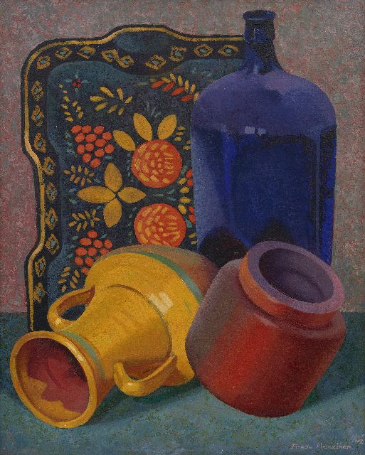 Hunziker F.  | Still life with blue bottle, oil on canvas 55.6 x 45.4 cm, signed l.r. and dated 1/42