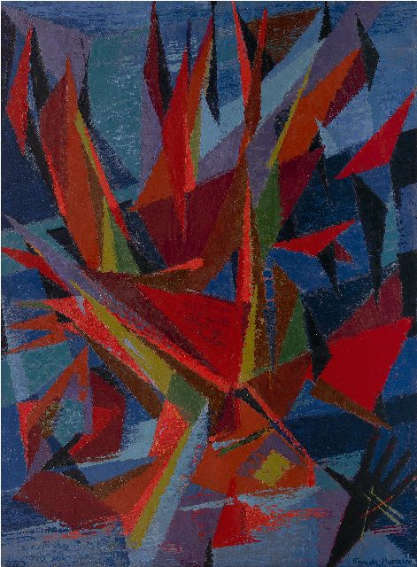 Frieda Hunziker | Composition with ships, oil on canvas, 100.2 x 75.7 cm, signed l.r. and on the reverse and dated 8.1.47