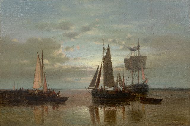 Abraham Hulk | Sailing ships anchored at sunset, oil on canvas, 40.5 x 60.8 cm, signed l.r.