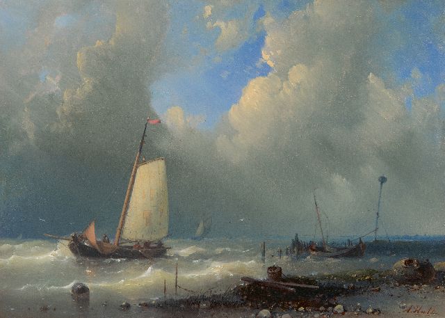 Abraham Hulk | Ship near a harbour in heavy weather, oil on panel, 14.5 x 20.2 cm, signed l.r.