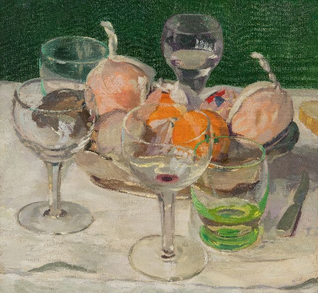 Geraldo Brender à Brandis | Still life with glasses and fruit, oil on canvas, 40.8 x 43.6 cm, signed l.r. with initials