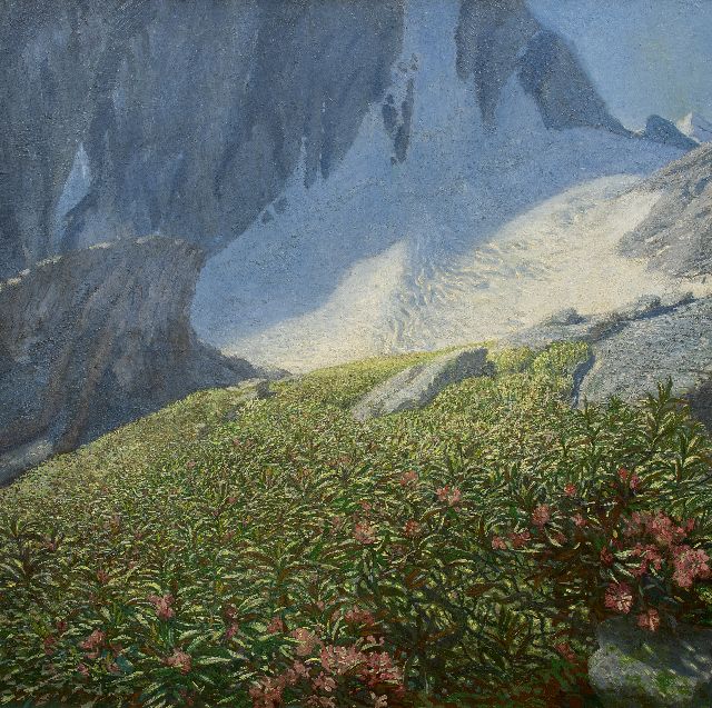 Erler-Samaden E.  | Flower fields near a glacier, oil on canvas 120.0 x 120.0 cm, signed l.l.