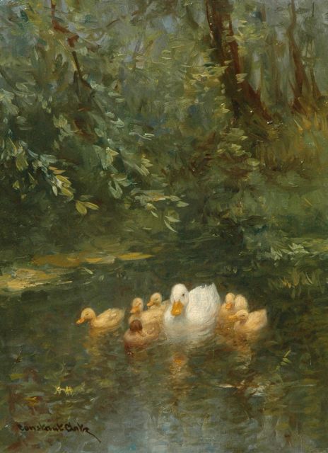 Constant Artz | A duck and ducklings in the water, oil on panel, 24.0 x 17.9 cm, signed l.l.