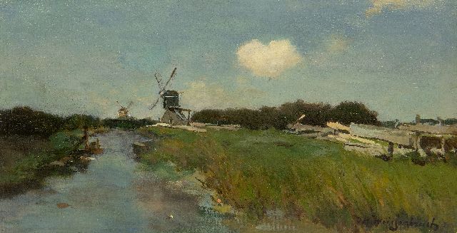 Weissenbruch H.J.  | Windmills along polder canal near Noorden, oil on canvas laid down on panel 23.0 x 43.1 cm, signed l.r.