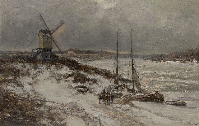 Louis Apol | A snowy river view with moored sailing barge, oil on canvas, 58.6 x 90.3 cm, signed l.r. and dated 1928